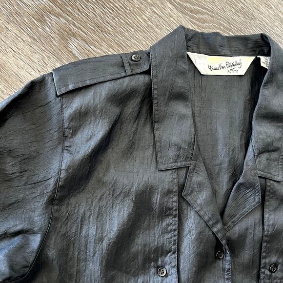 Vintage DVF Black Utility Blouse Size 10 Petite Button Down Top Y2K Minimalist - Picture 14 of 16